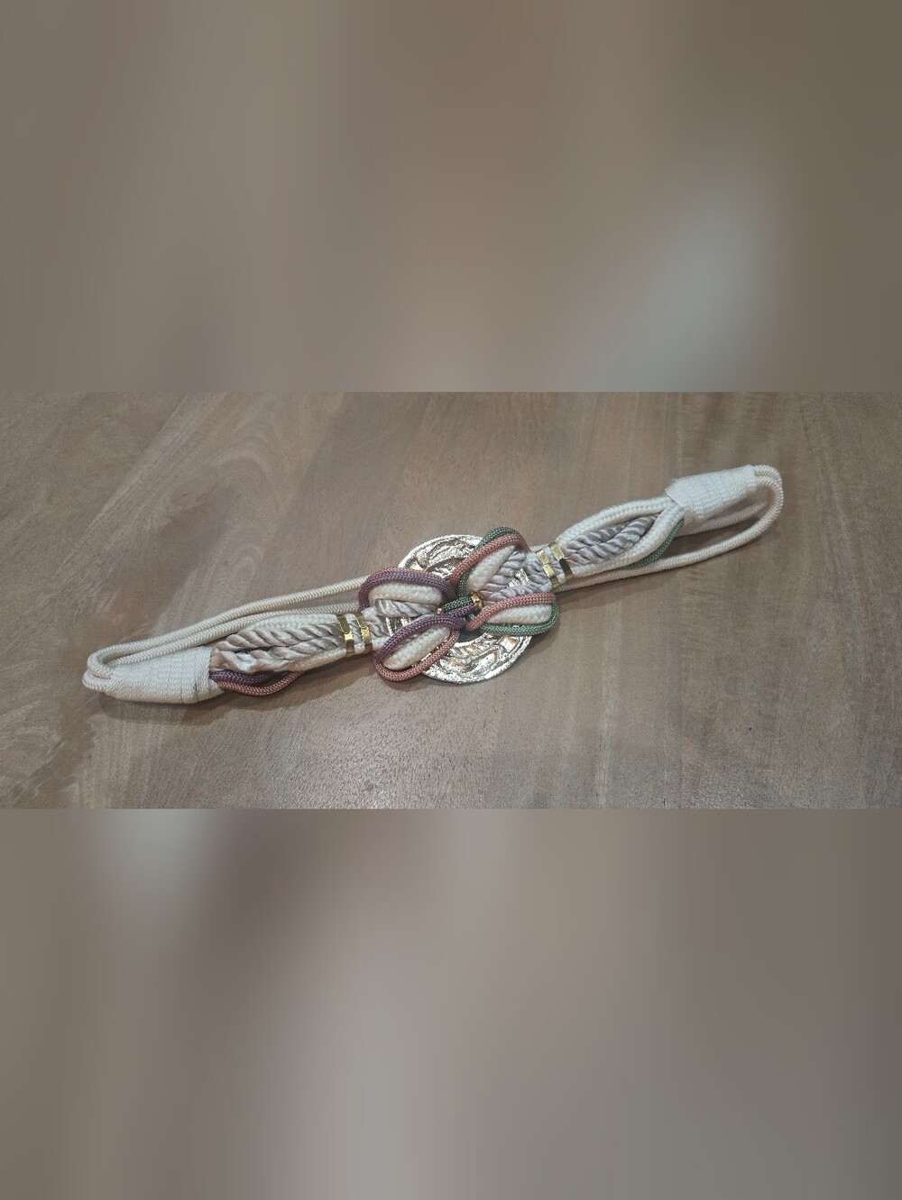 Vintage Woven Cord & Silver Medallion Statement Belt Pastel Accent M
